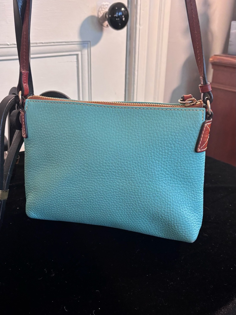 Dooney & Bourke Aqua Pebbled Leather Crossbody with Tan Trim - Picture 10 of 11